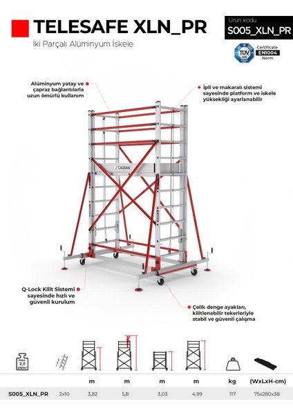 2X10 Basamaklı 5,8 M Çalışma Yüksekliği Telesafe Xln Premium - Iki Parçalı Alüminyum Iskele S005_XLN_PR