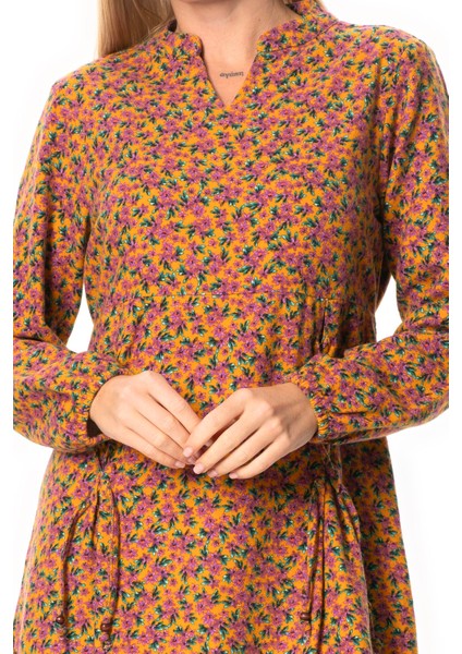 Uzun Kol Fahriye Pazen Çiçek Desenli V Yaka Kısa Sonbahar ve Kışlık Elbise Hardal Hrd modelleri