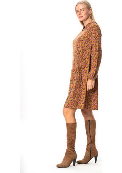 Uzun Kol Fahriye Pazen Çiçek Desenli V Yaka Kısa Sonbahar ve Kışlık Elbise Hardal Hrd fırsatları