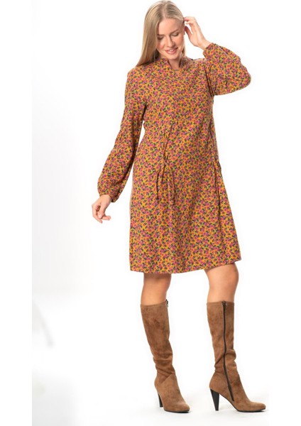 Uzun Kol Fahriye Pazen Çiçek Desenli V Yaka Kısa Sonbahar ve Kışlık Elbise Hardal Hrd indirimleri