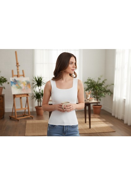 Kadın Kare Yaka Askılı Beyaz Triko Bluz – Basic Casual Regular Fit Yazlık Üst modelleri