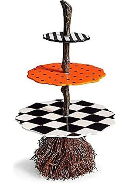 Santkuee Cadılar Bayramı Sevimli Süpürge Aperatif Kase Rafı, 3 Katmanlı Ahşap Kek Rafı, Tatlı Tabağı Büyük Kapasiteli Ev Masaüstü Depolama Rafı (Yurt Dışından)