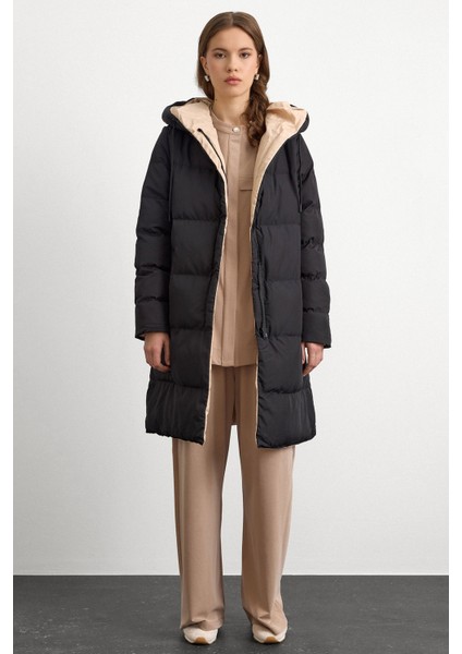 Kapüşonlu Iki Renkli Çift Taraflı Şişme Mont Siyah-Taş 5371