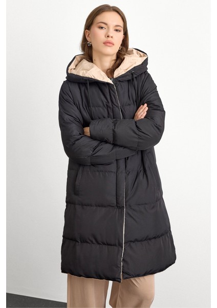 Kapüşonlu Iki Renkli Çift Taraflı Şişme Mont Siyah-Taş 5371 modelleri