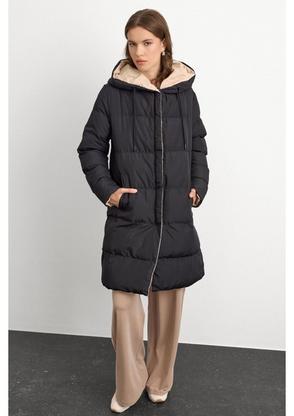 Kapüşonlu Iki Renkli Çift Taraflı Şişme Mont Siyah-Taş 5371 fırsatları