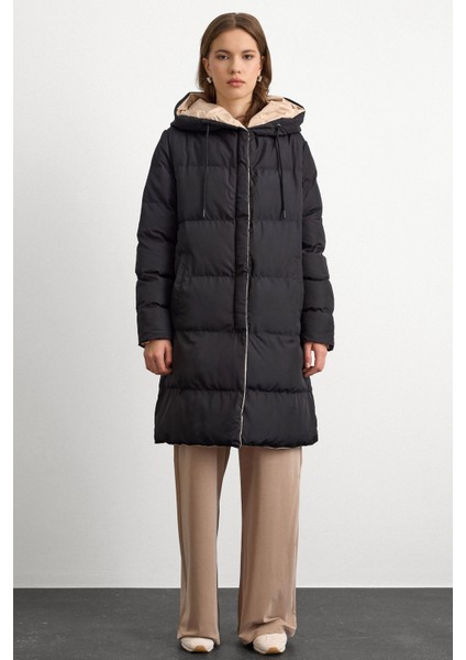 Kapüşonlu Iki Renkli Çift Taraflı Şişme Mont Siyah-Taş 5371 indirimleri