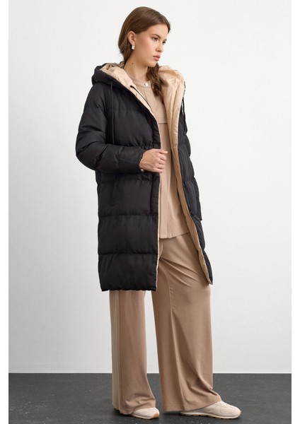 Kapüşonlu Iki Renkli Çift Taraflı Şişme Mont Siyah-Taş 5371