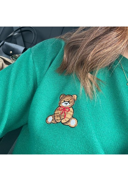 Pullover Zümrüt Ayıcık Detaylı Kışlık Kazak