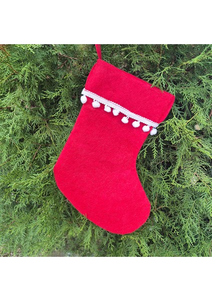 Yılbaşı Noel Çorabı Kesesi - Kırmızı Keçe, Ponponlu Şömine Süsü 30 cm x 22 Cm
