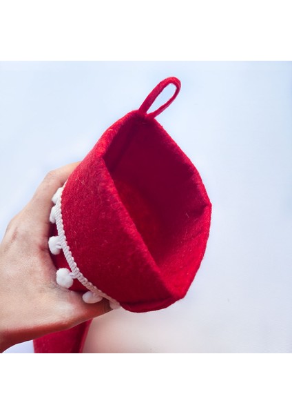 Yılbaşı Noel Çorabı Kesesi - Kırmızı Keçe, Ponponlu Şömine Süsü 30 cm x 22 Cm fırsatları