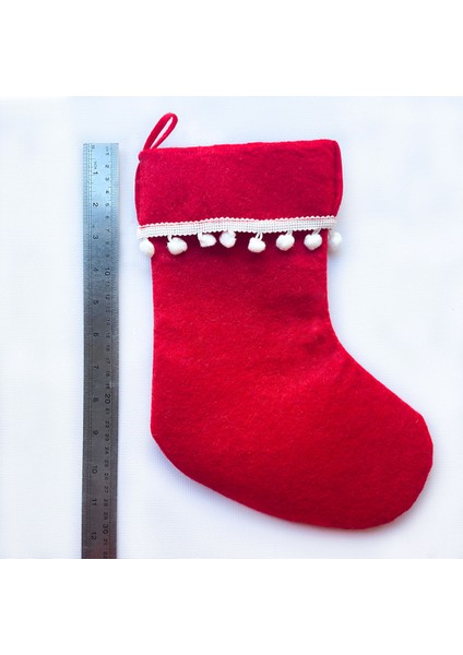 Yılbaşı Noel Çorabı Kesesi - Kırmızı Keçe, Ponponlu Şömine Süsü 30 cm x 22 Cm indirimleri