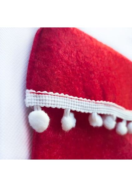 Yılbaşı Noel Çorabı Kesesi - Kırmızı Keçe, Ponponlu Şömine Süsü 30 cm x 22 Cm
