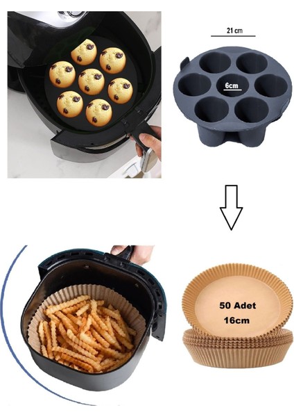 2'li Set 50 Adet AirFryer Yağsız Pişirme Kağıdı Silikon 7 Gözlü Hava Fritözü Muffin Kek Çörek Kalıbı
