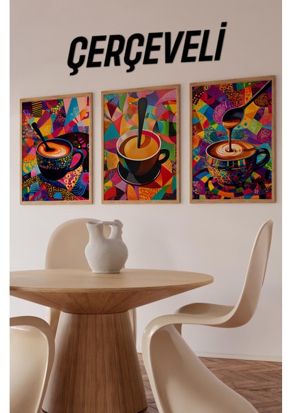 ☕ Renkli Soyut Kahve Temalı Ahşap Çerçeveli 3’lü Tablo Seti – Mdf Üzerine Uv Baskılı CRV1018 23 x 32