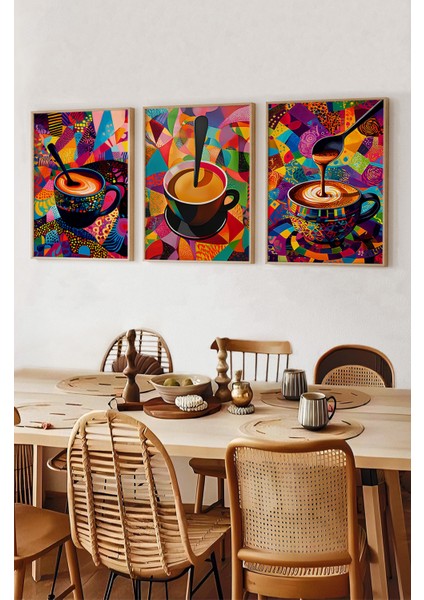 ☕ Renkli Soyut Kahve Temalı Ahşap Çerçeveli 3’lü Tablo Seti – Mdf Üzerine Uv Baskılı CRV1018 23 x 32 fiyatları