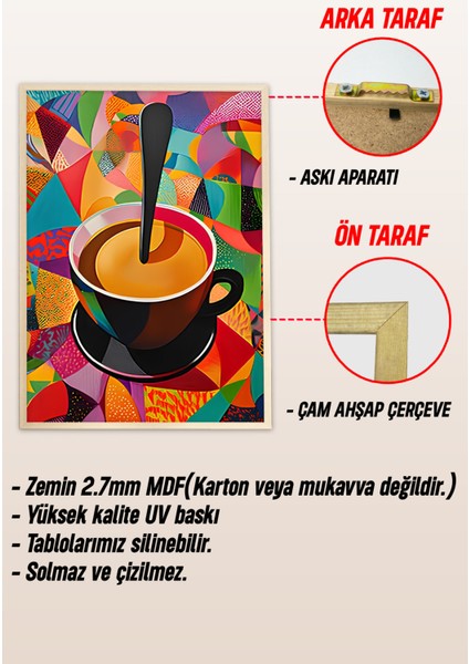 ☕ Renkli Soyut Kahve Temalı Ahşap Çerçeveli 3’lü Tablo Seti – Mdf Üzerine Uv Baskılı CRV1018 23 x 32