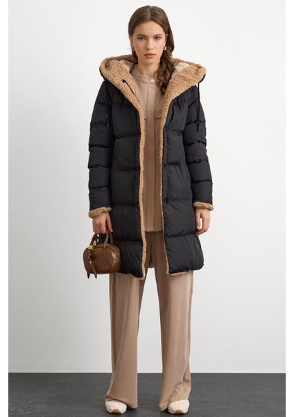 Kapüşonlu Çift Taraflı Müflon Detaylı Şişme Mont Siyah-Taş 6491