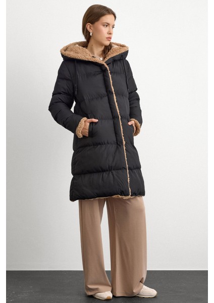Kapüşonlu Çift Taraflı Müflon Detaylı Şişme Mont Siyah-Taş 6491 fiyatları