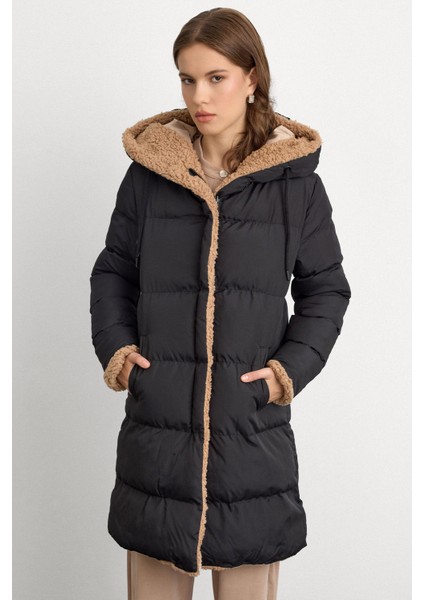 Kapüşonlu Çift Taraflı Müflon Detaylı Şişme Mont Siyah-Taş 6491 modelleri