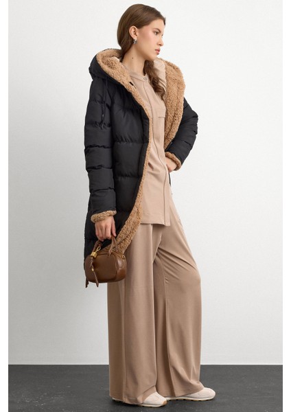 Kapüşonlu Çift Taraflı Müflon Detaylı Şişme Mont Siyah-Taş 6491 fırsatları