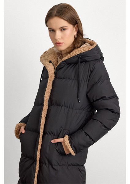 Kapüşonlu Çift Taraflı Müflon Detaylı Şişme Mont Siyah-Taş 6491 indirimleri