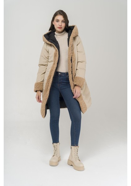 Kapüşonlu Çift Taraflı Müflon Detaylı Şişme Mont Siyah-Taş 6491