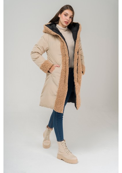 Kapüşonlu Çift Taraflı Müflon Detaylı Şişme Mont Siyah-Taş 6491