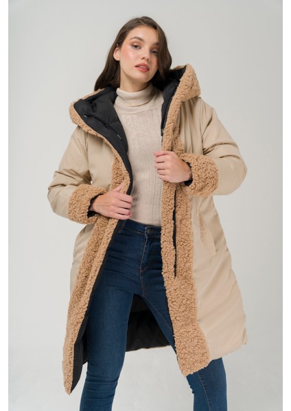 Kapüşonlu Çift Taraflı Müflon Detaylı Şişme Mont Siyah-Taş 6491