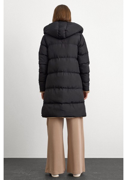Kapüşonlu Çift Taraflı Müflon Detaylı Şişme Mont Siyah-Taş 6491