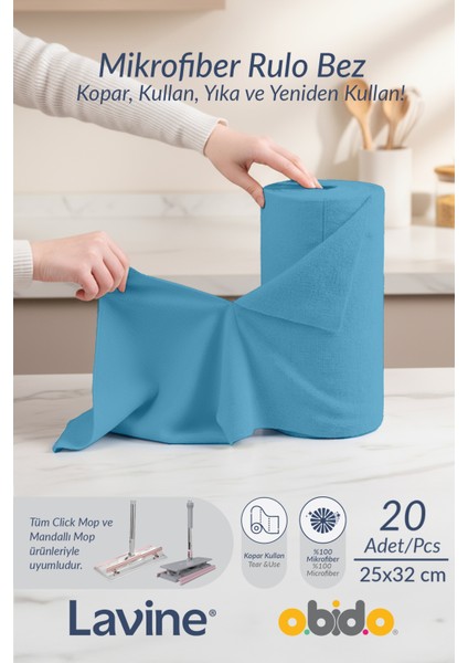(20'li Rulo) Lavine Çok Amaçlı %100 Mikrofiber Temizlik Bezi "mavi" 25x32 Büyük Ebat Kopart Kullan