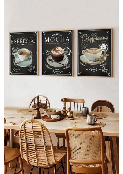☕ Kahve Lezzetleri – Espresso, Mocha ve Cappuccino Çerçeveli Tablo Seti (3'lü) CRV1021 23 x 32 fiyatları