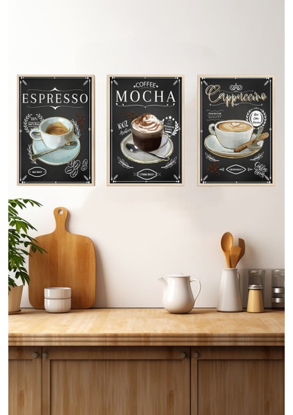 ☕ Kahve Lezzetleri – Espresso, Mocha ve Cappuccino Çerçeveli Tablo Seti (3'lü) CRV1021 23 x 32 fırsatları