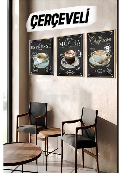 ☕ Kahve Lezzetleri – Espresso, Mocha ve Cappuccino Çerçeveli Tablo Seti (3'lü) CRV1021 23 x 32 indirimleri