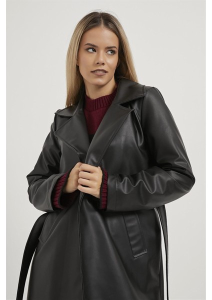 1041 Şal Yaka Kuşaklı Deri Trençkot