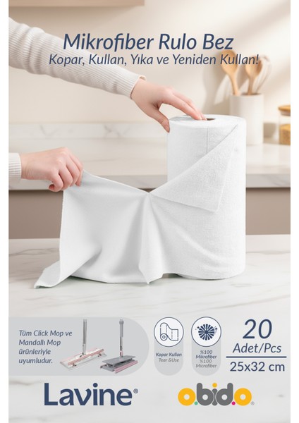 (20'li Rulo) Lavine Çok Amaçlı %100 Mikrofiber Temizlik Bezi "beyaz" 25x32 Büyük Ebat Kopart Kullan
