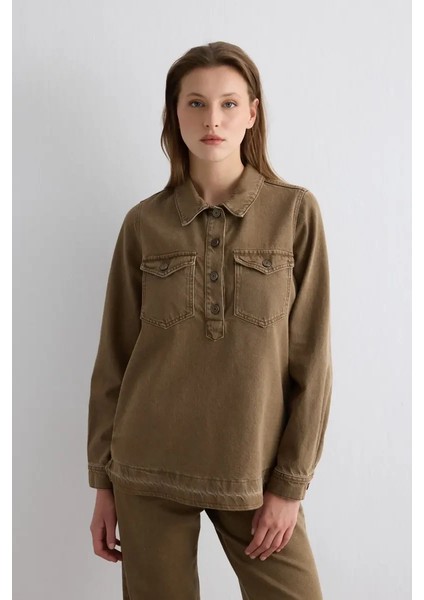 Yakalı Denim Gömlek - Kahverengi