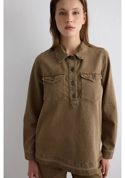 Yakalı Denim Gömlek - Kahverengi modelleri
