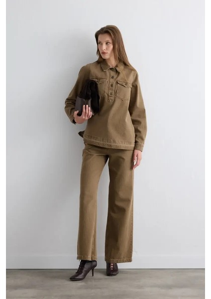 Yakalı Denim Gömlek - Kahverengi fırsatları