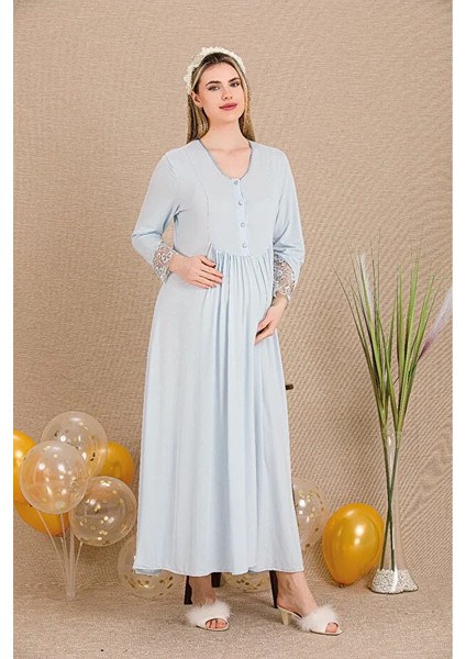 Lady Lingerie Uzun Kollu,düğme Yakalı,dantelli Lohusa-Hamile Gecelik