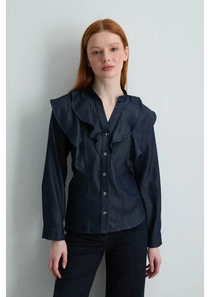 Volanlı Tencel Denim Gömlek - Lacivert