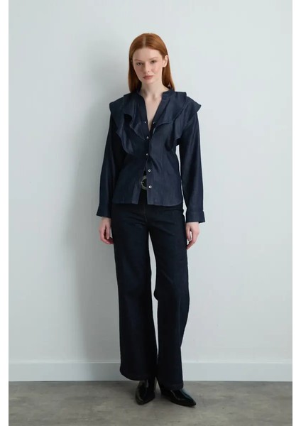 Volanlı Tencel Denim Gömlek - Lacivert fiyatları