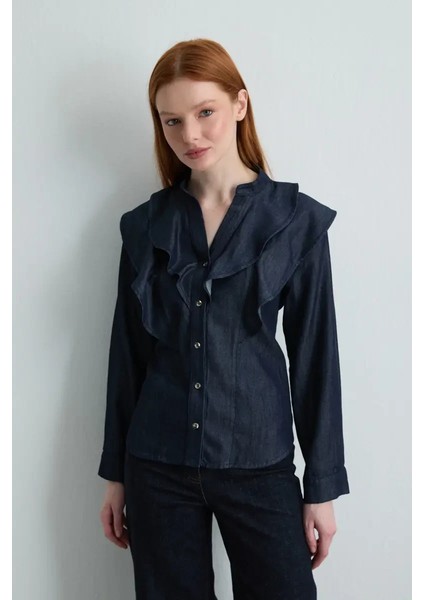 Volanlı Tencel Denim Gömlek - Lacivert modelleri