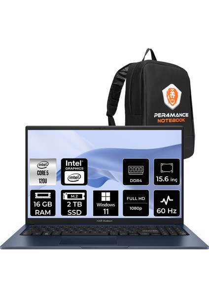 Vivobook 15 Intel Core 5 120U 16GB 2tb SSD 15.6" Fhd W11P Taşınabilir Bilgisayar & Per4 Çanta X1504VANJ3665P364