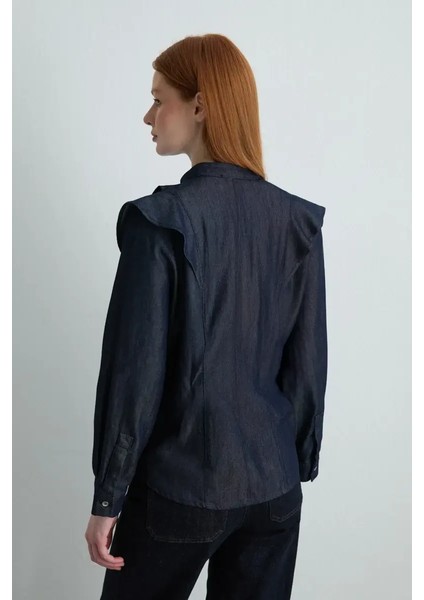 Volanlı Tencel Denim Gömlek - Lacivert fırsatları