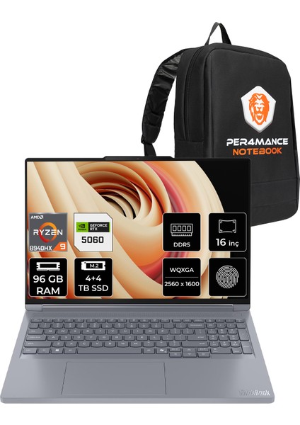 Thinkbook 16P Gen 6 Amd Ryzen 9 8940HX 96GB 4tb+4tb SSD RTX5060/8GB 115W 16" Qhd+ 240Hz Fdos Taşınabilir Bilgisayar & Per4 Çanta 21U00013TXP354