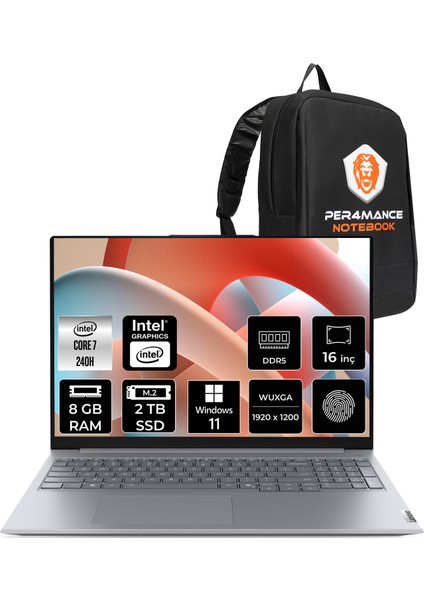 Thinkbook 16 Gen 8 Intel Core 7 240H 8gb 2tb SSD 16" Fhd+ W11H Taşınabilir Bilgisayar & Per4 Çanta 21SH009GTXP354