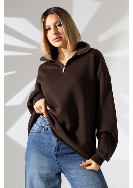 Şardonlu Yarım Fermuarlı Oversize Sweatshirt 21622 Kahve