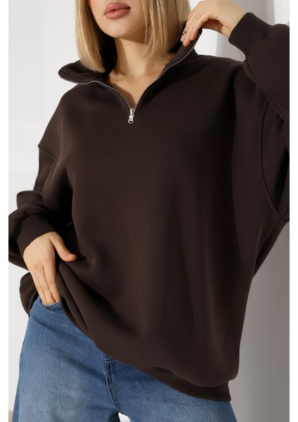 Şardonlu Yarım Fermuarlı Oversize Sweatshirt 21622 Kahve fiyatları