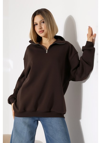 Şardonlu Yarım Fermuarlı Oversize Sweatshirt 21622 Kahve modelleri