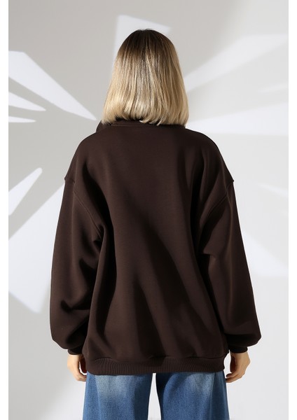 Şardonlu Yarım Fermuarlı Oversize Sweatshirt 21622 Kahve fırsatları